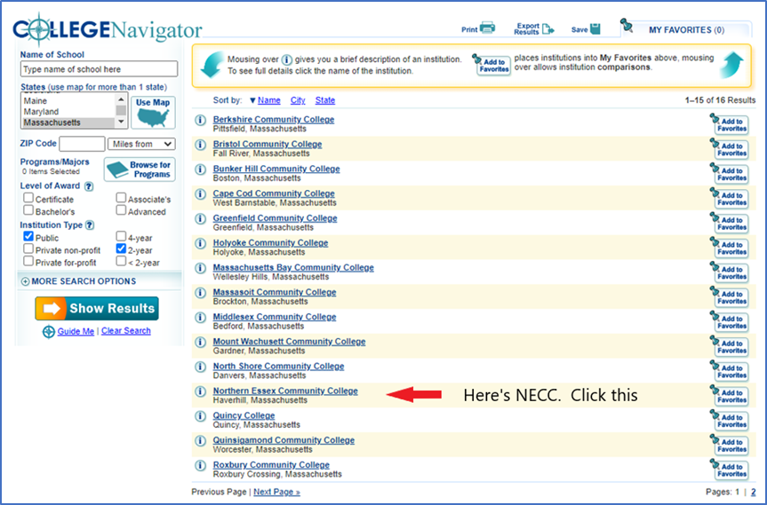 Figure 2. Screenshot illustrating selecting NECC from list of search results. 